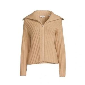 Vince Tan Ribbed Zip-Up Cardigan
